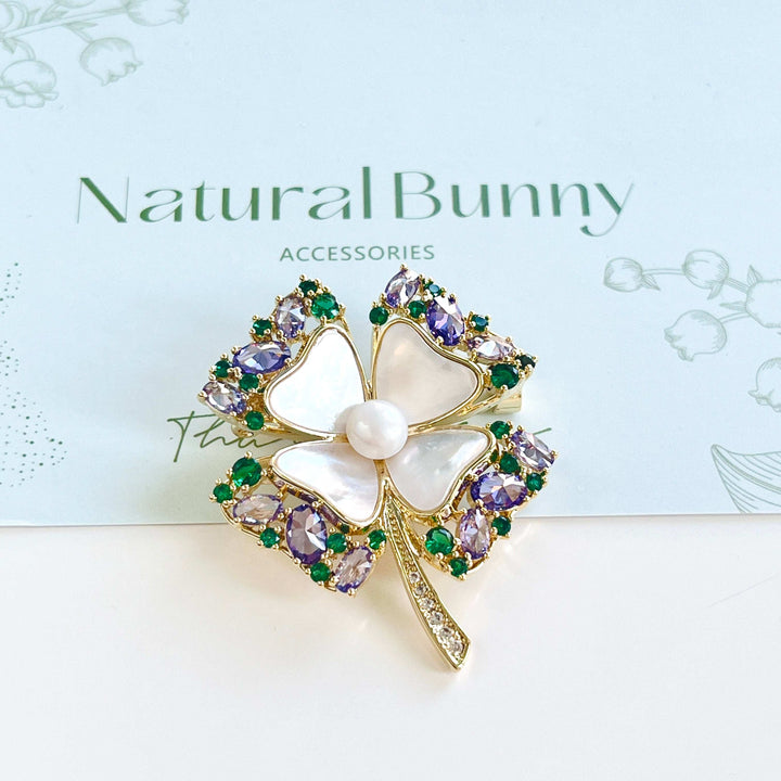 Dainty Shell Four Leaf Clover Brooch