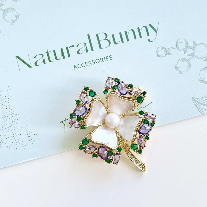 Dainty Shell Four Leaf Clover Brooch