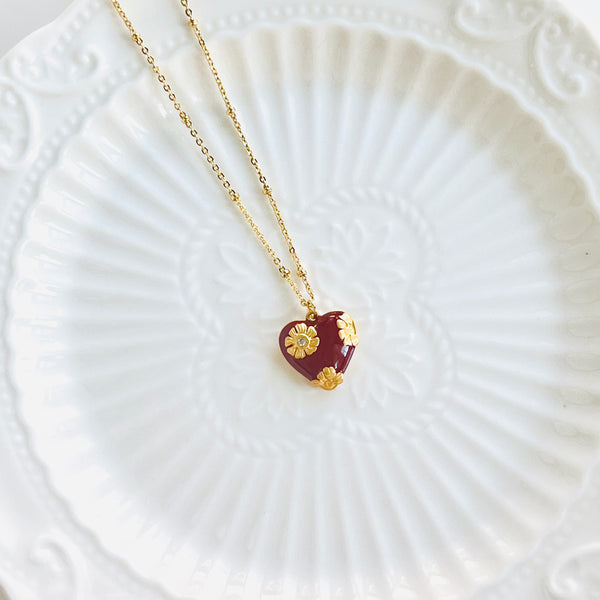 Daisy In Red Heart Necklace
