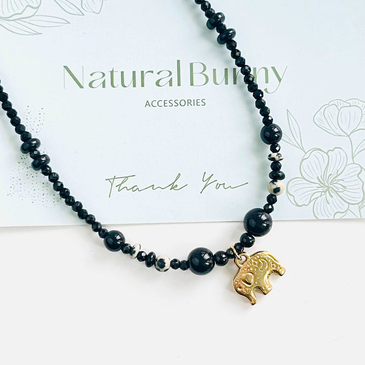 Elephant Charm Black Onyx Necklace