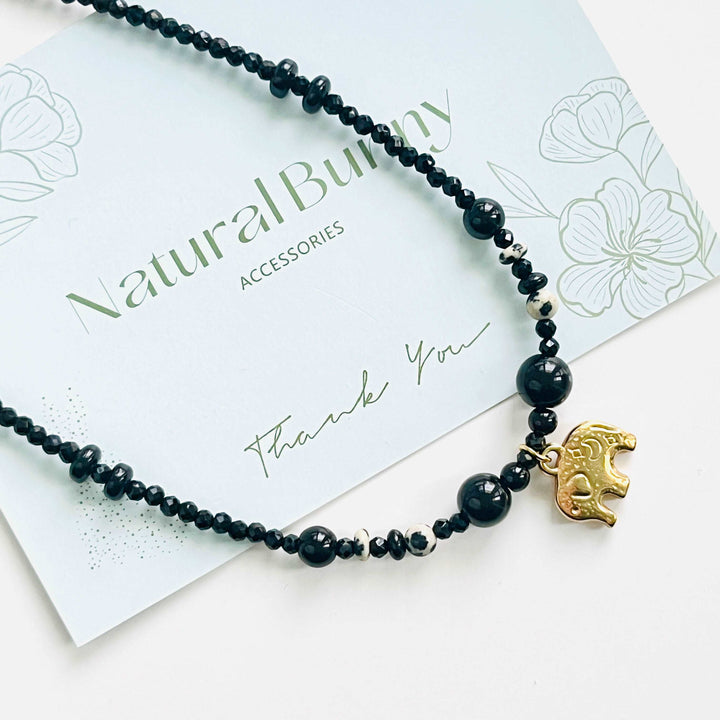 Elephant Charm Black Onyx Necklace