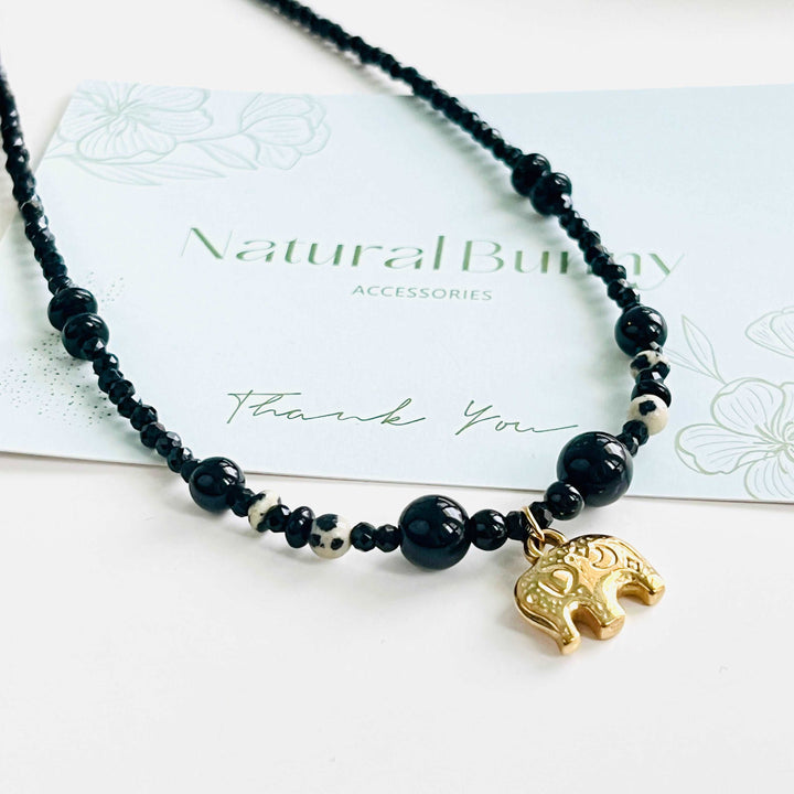 Elephant Charm Black Onyx Necklace