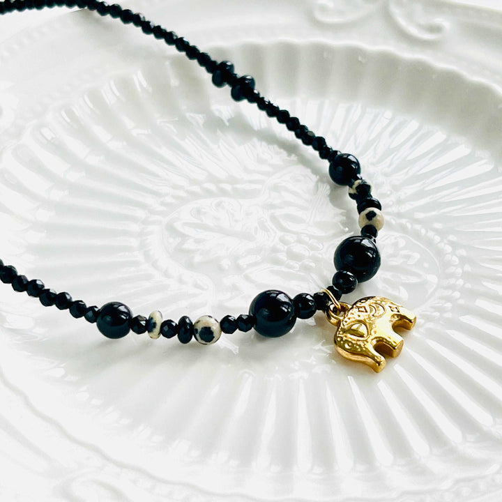 Elephant Charm Black Onyx Necklace