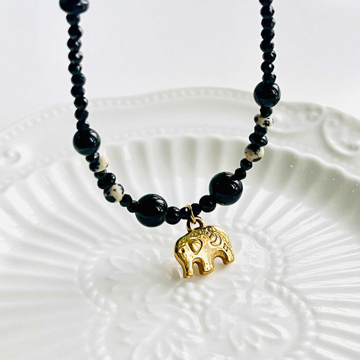 Elephant Charm Black Onyx Necklace