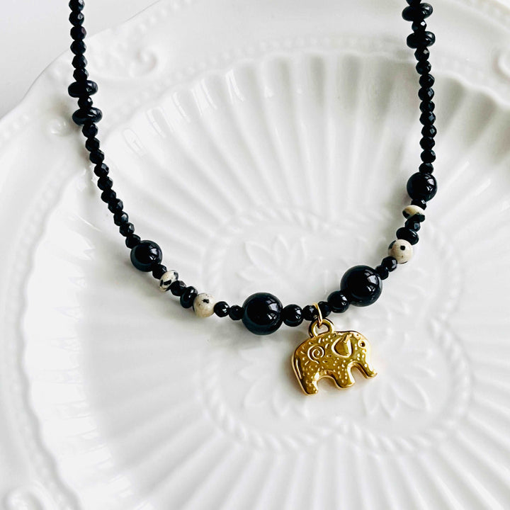 Elephant Charm Black Onyx Necklace