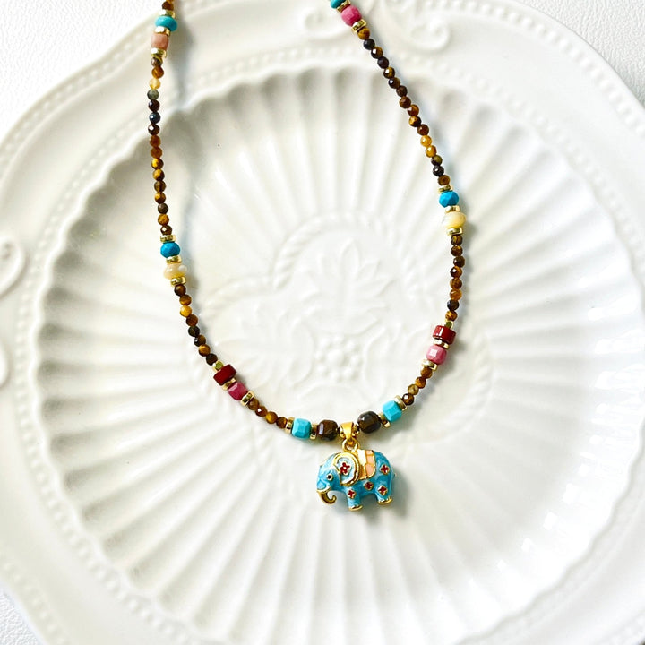Elephant Pendant With Tiger Eye Beaded Necklace - Natural Bunny Accessories