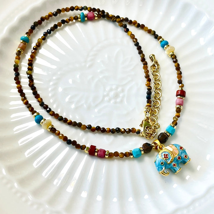 Elephant Pendant With Tiger Eye Beaded Necklace - Natural Bunny Accessories