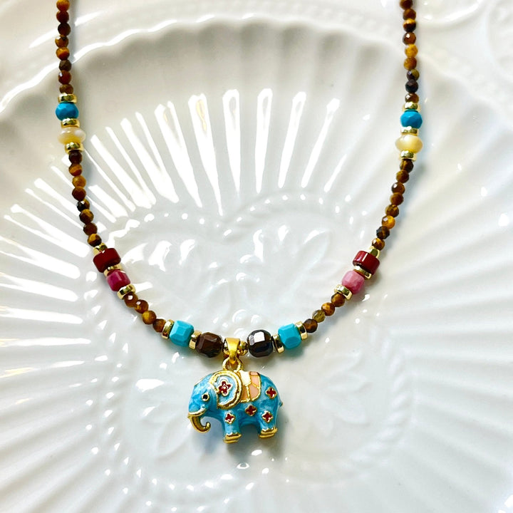 Elephant Pendant With Tiger Eye Beaded Necklace - Natural Bunny Accessories