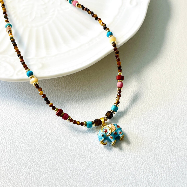 Elephant Pendant With Tiger Eye Beaded Necklace - Natural Bunny Accessories