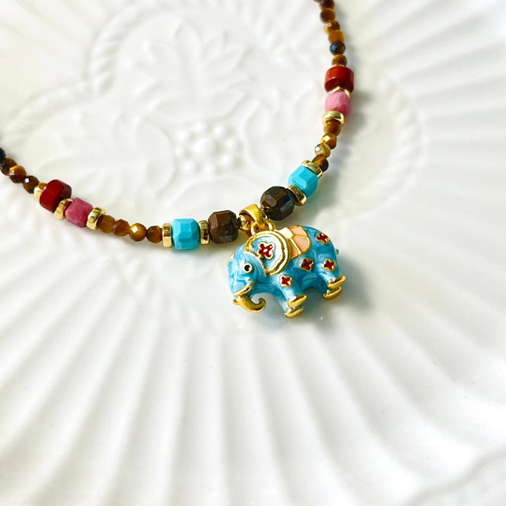 Elephant Pendant With Tiger Eye Beaded Necklace - Natural Bunny Accessories