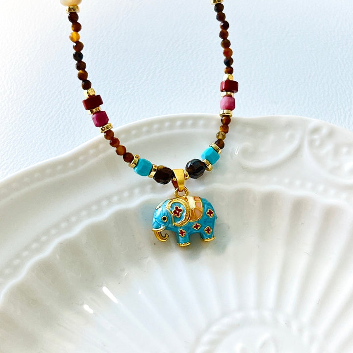 Elephant Pendant With Tiger Eye Beaded Necklace - Natural Bunny Accessories