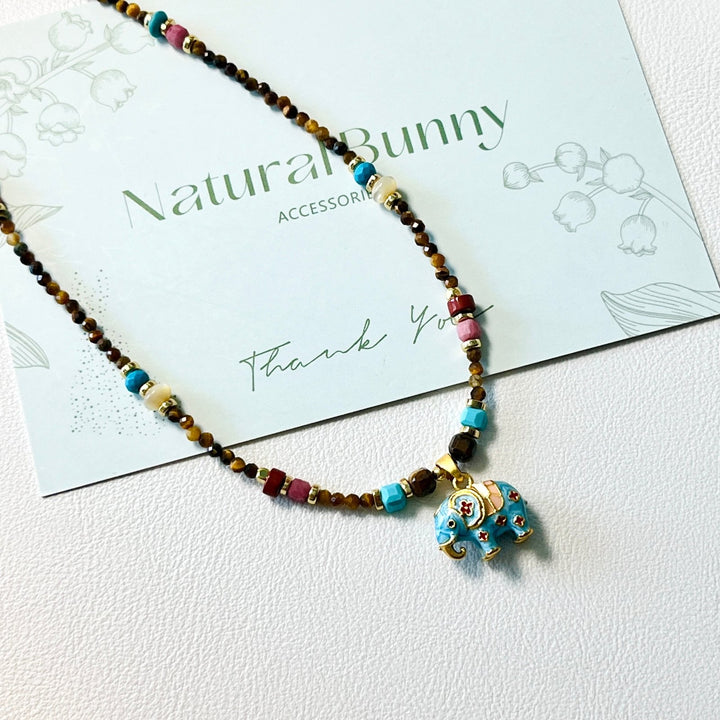 Elephant Pendant With Tiger Eye Beaded Necklace - Natural Bunny Accessories