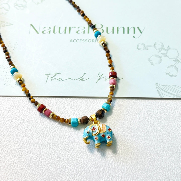 Elephant Pendant With Tiger Eye Beaded Necklace - Natural Bunny Accessories