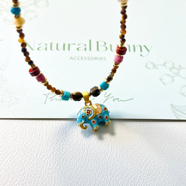Elephant Pendant With Tiger Eye Beaded Necklace - Natural Bunny Accessories
