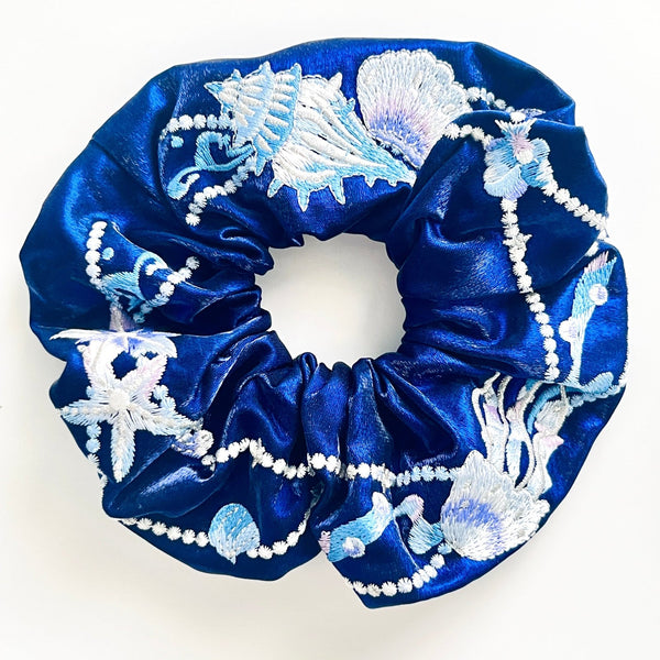 Blue Embroidered Ocean Seashell Jellyfish Hair Scrunchie - Natural Bunny Accessories