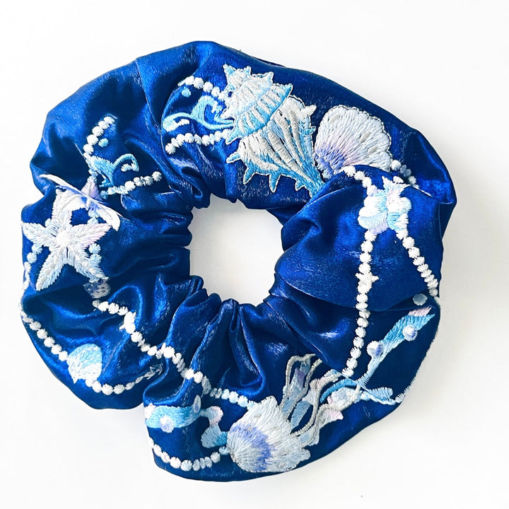 Blue Embroidered Ocean Seashell Jellyfish Hair Scrunchie - Natural Bunny Accessories