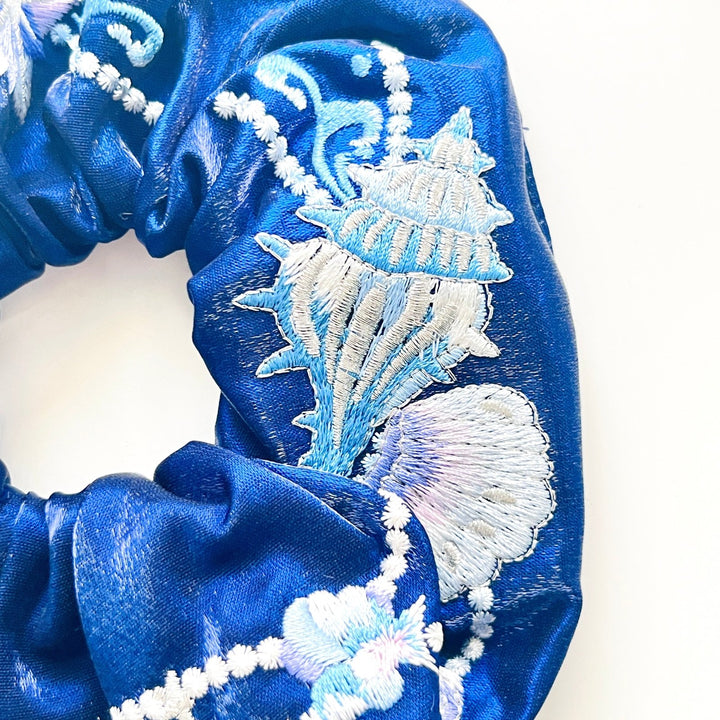 Blue Embroidered Ocean Seashell Jellyfish Hair Scrunchie - Natural Bunny Accessories