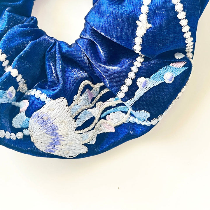 Blue Embroidered Ocean Seashell Jellyfish Hair Scrunchie - Natural Bunny Accessories