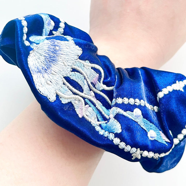Blue Embroidered Ocean Seashell Jellyfish Hair Scrunchie - Natural Bunny Accessories