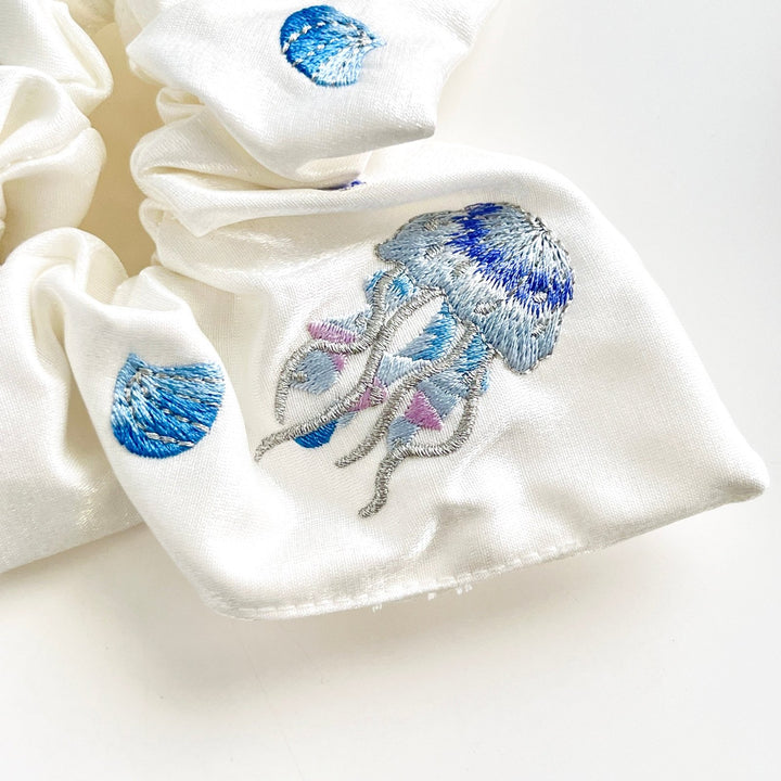 White Embroidered Ocean Seashell Jellyfish Hair Scrunchie - Natural Bunny Accessories