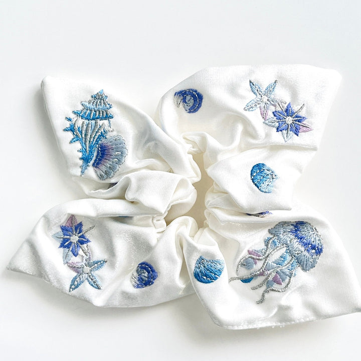 White Embroidered Ocean Seashell Jellyfish Hair Scrunchie - Natural Bunny Accessories