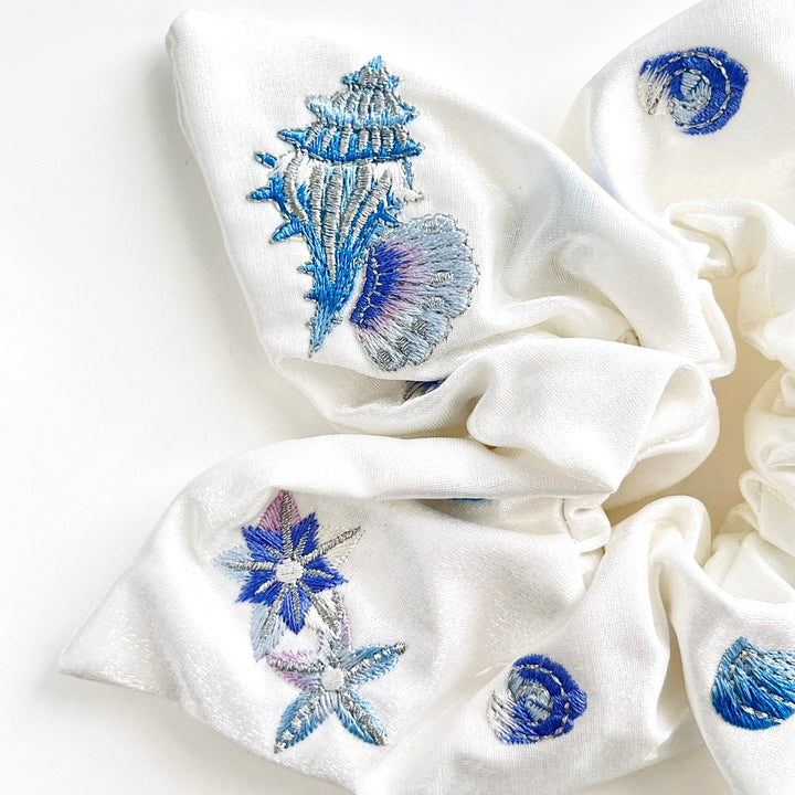 White Embroidered Ocean Seashell Jellyfish Hair Scrunchie - Natural Bunny Accessories
