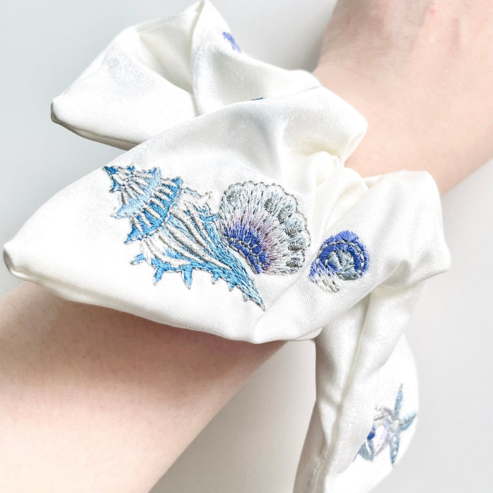 White Embroidered Ocean Seashell Jellyfish Hair Scrunchie - Natural Bunny Accessories