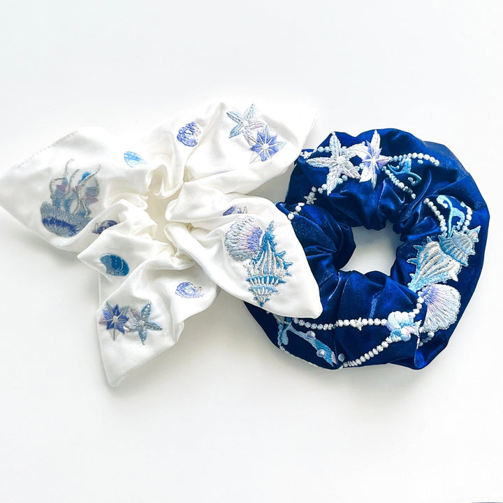 White Embroidered Ocean Seashell Jellyfish Hair Scrunchie - Natural Bunny Accessories