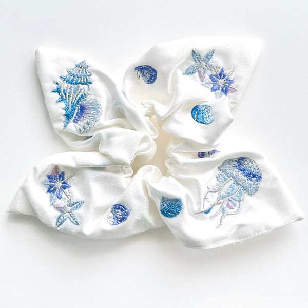 White Embroidered Ocean Seashell Jellyfish Hair Scrunchie - Natural Bunny Accessories