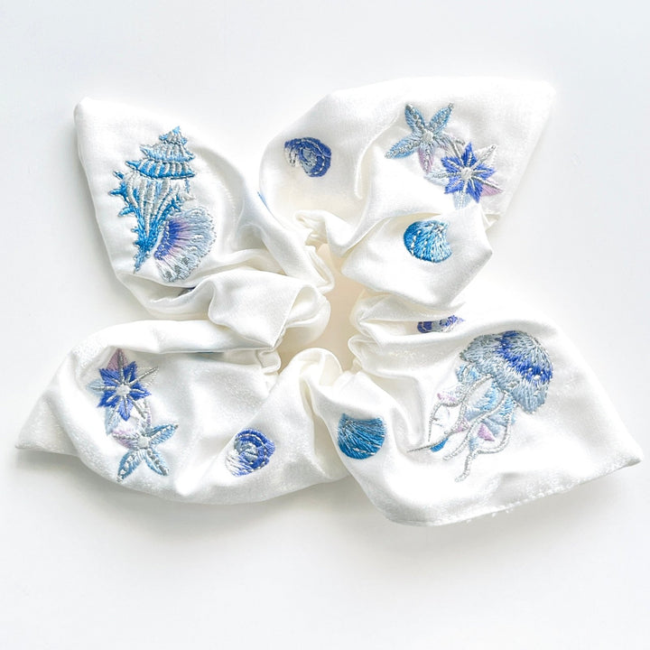 White Embroidered Ocean Seashell Jellyfish Hair Scrunchie - Natural Bunny Accessories