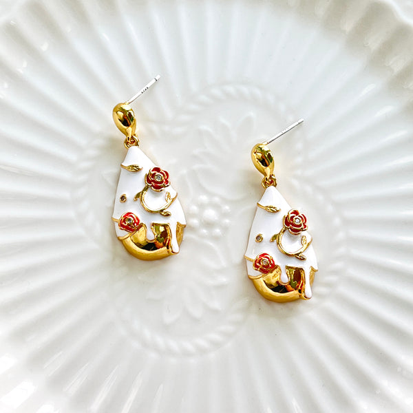 Enamel Rose Relief Dangle Earrings