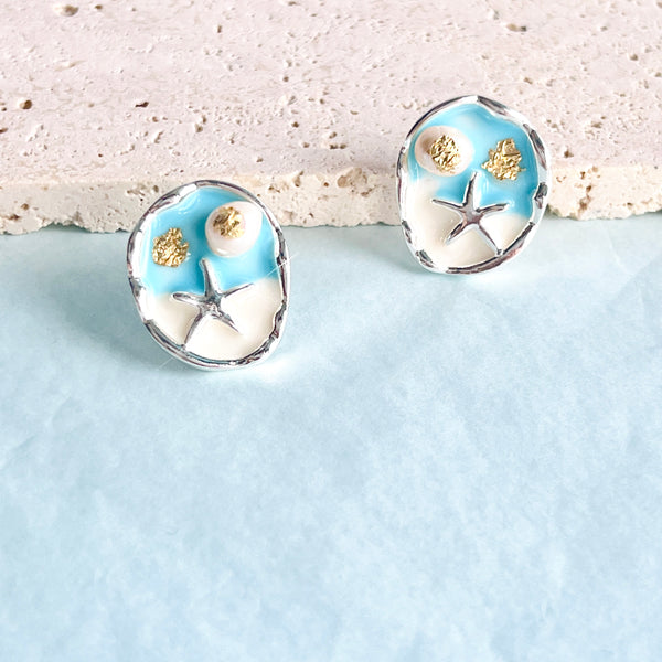Enamel Starfish Pearl Stud Earrings