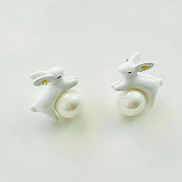Enamel White Rabbit Pearl Stud Earrings