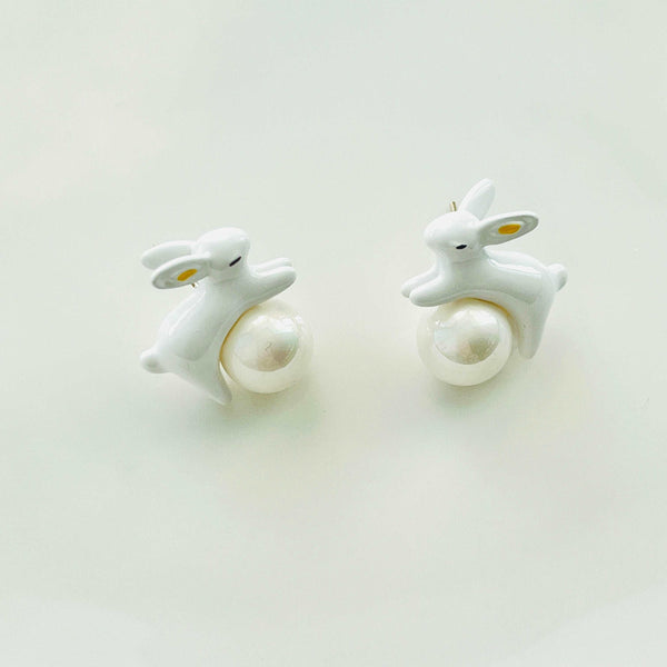 Enamel White Rabbit Pearl Stud Earrings