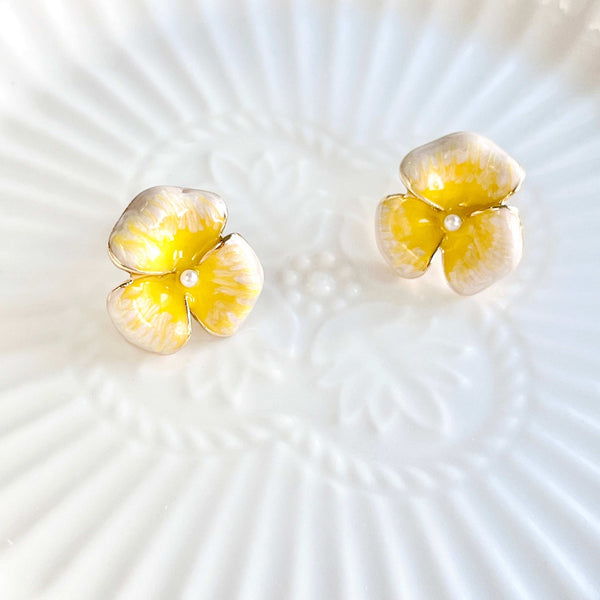 Enamel Yellow Pansy Stud Earrings