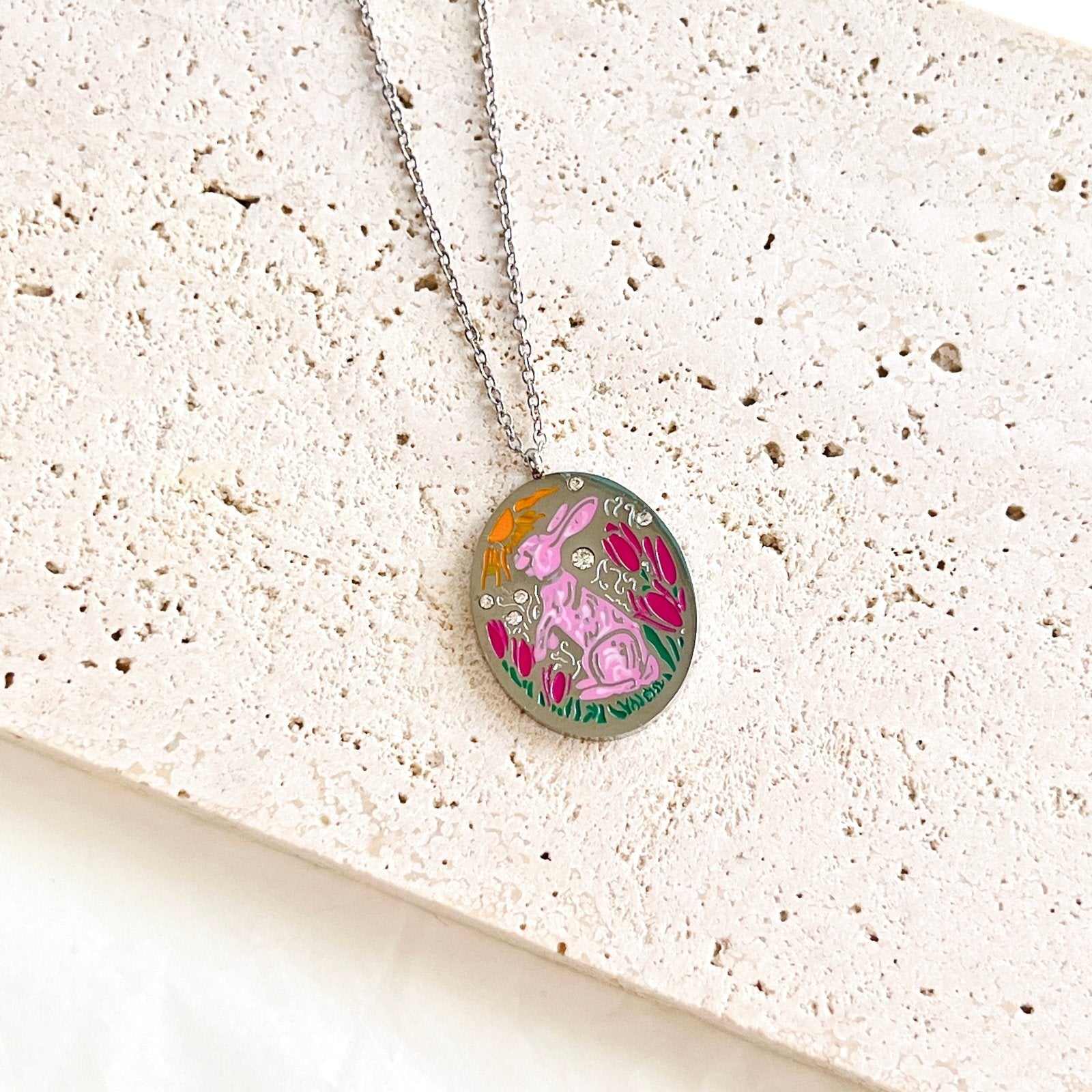 Engraved Pink Rabbit Pendant Necklace – Natural Bunny Accessories