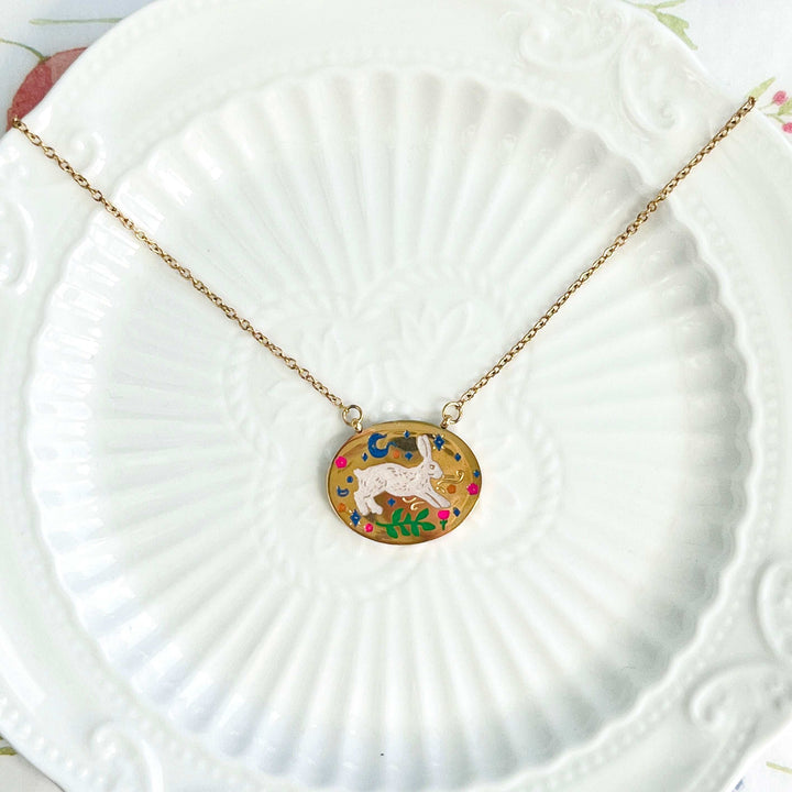 Engraved Rabbit Oval Disk Pendant Necklace