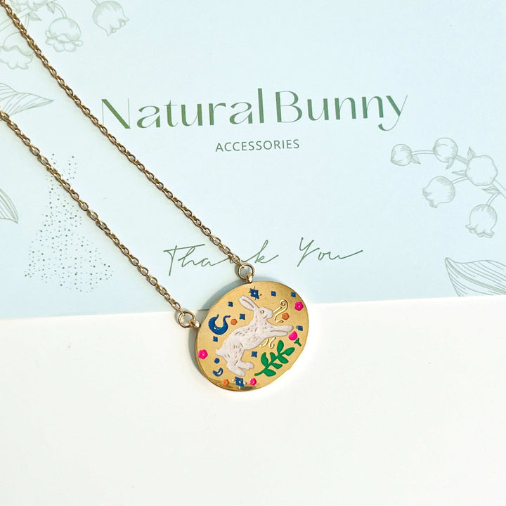 Engraved Rabbit Oval Disk Pendant Necklace