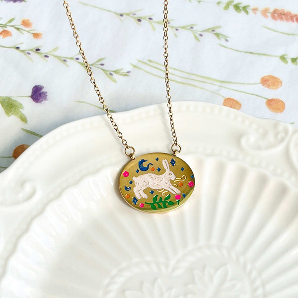 Engraved Rabbit Oval Disk Pendant Necklace