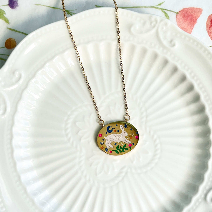 Engraved Rabbit Oval Disk Pendant Necklace