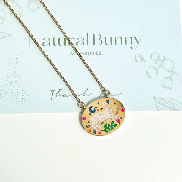 Engraved Rabbit Oval Disk Pendant Necklace