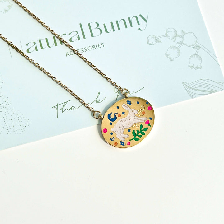 Engraved Rabbit Oval Disk Pendant Necklace