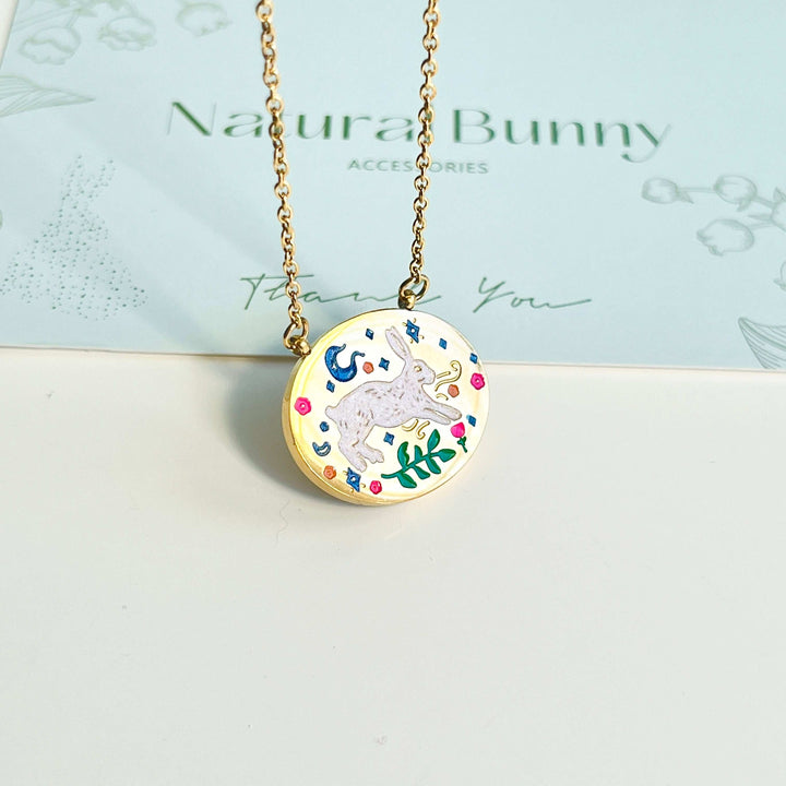 Engraved Rabbit Oval Disk Pendant Necklace