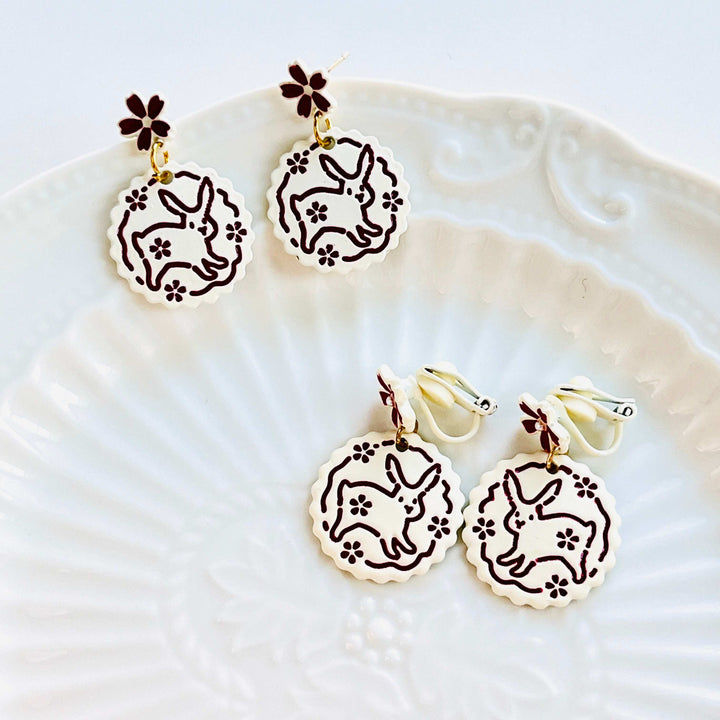 Flower Rabbit Drop Earrings / Clip-on Earrings