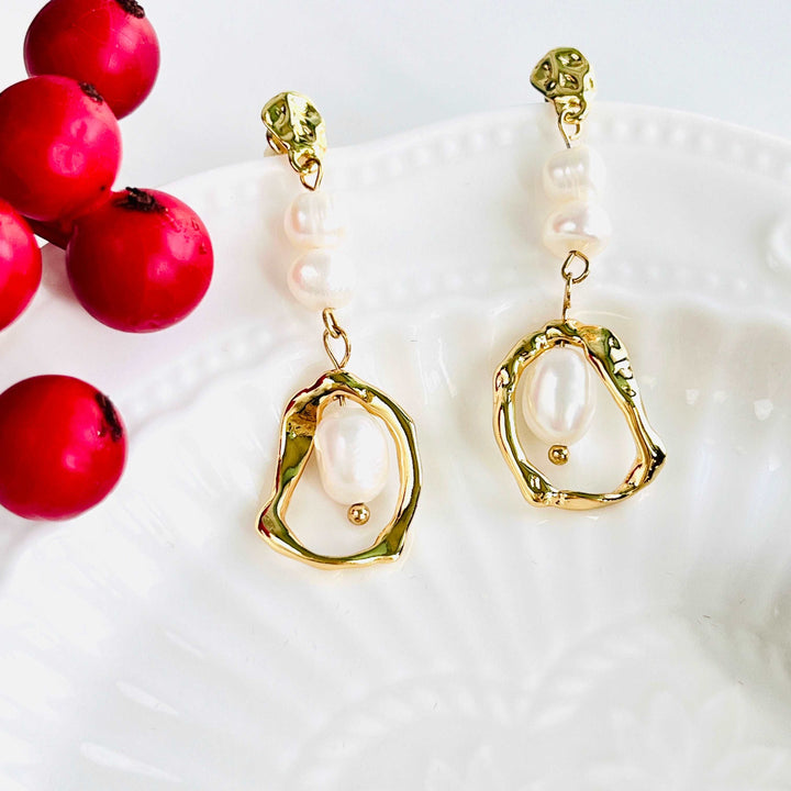 Geometric Long Freshwater Pearl Drop Earrings