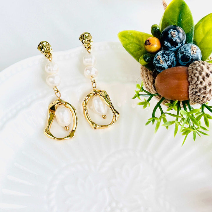 Geometric Long Freshwater Pearl Drop Earrings