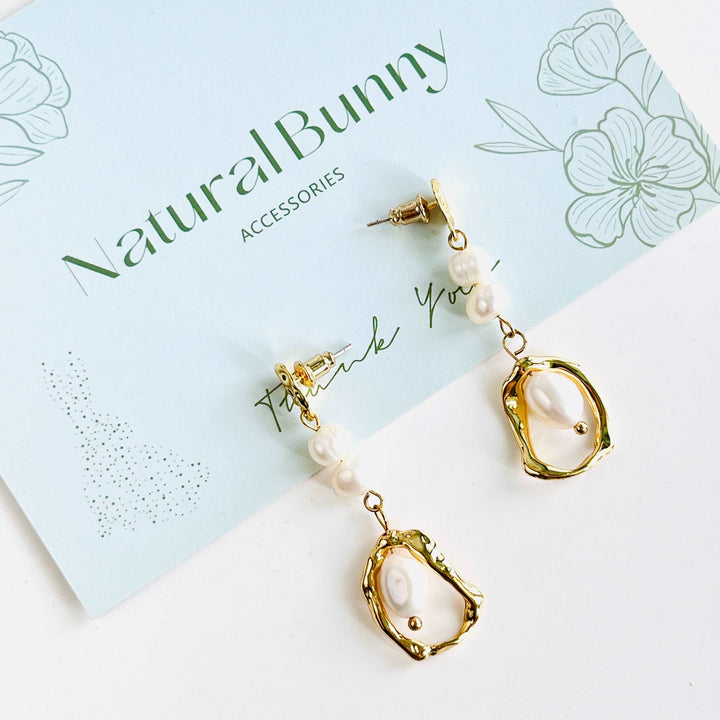 Geometric Long Freshwater Pearl Drop Earrings