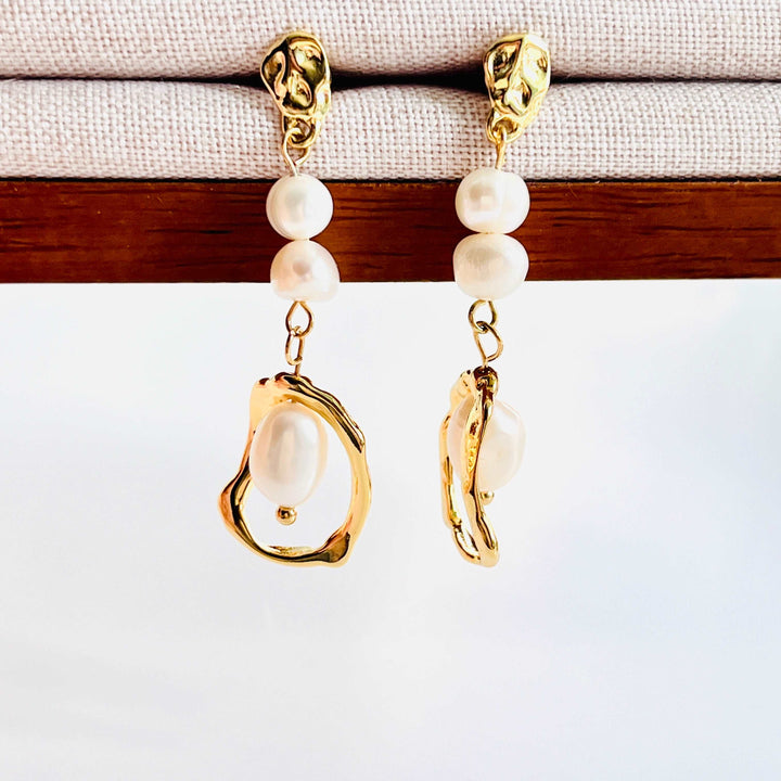 Geometric Long Freshwater Pearl Drop Earrings