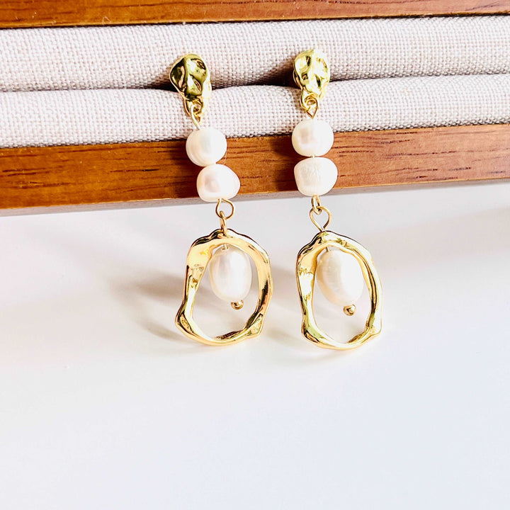 Geometric Long Freshwater Pearl Drop Earrings