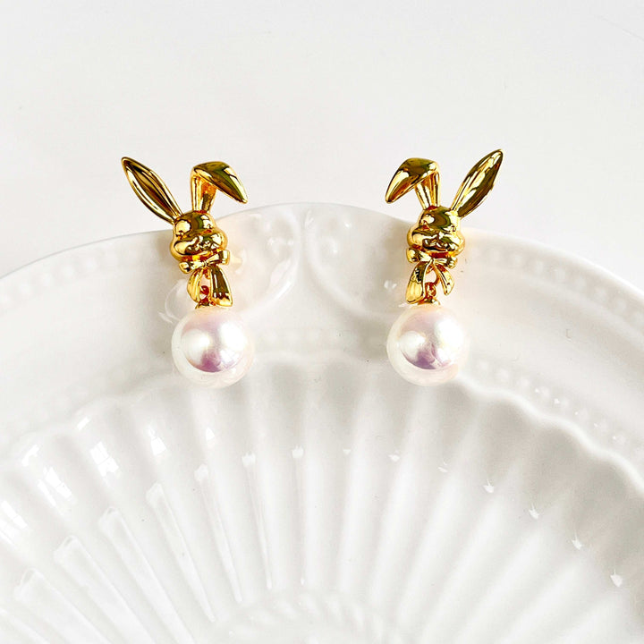 Golden Bunny Pearl Drop Earrings